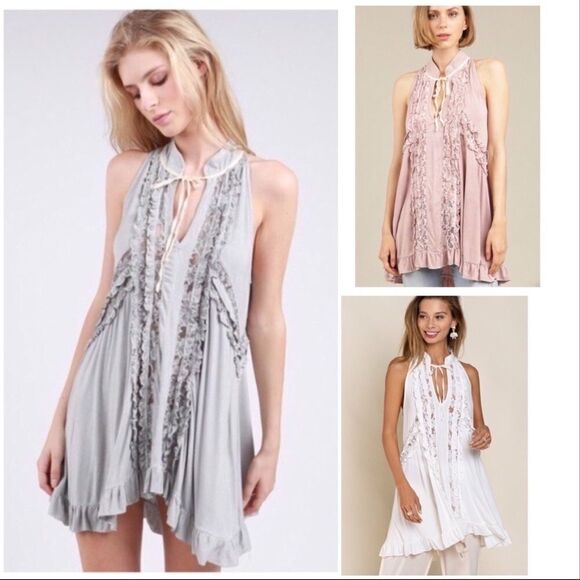 LACE Paneled Ruffle Detailed Sleeveless Swing Top - Picture 1 of 12